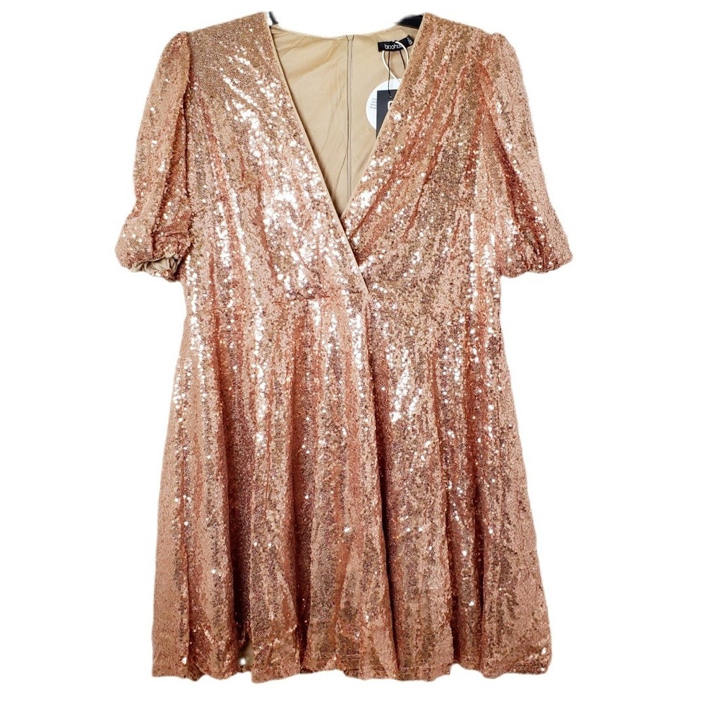 Boohoo NWT Sequin Puff Sleeve Skater Dress Champagne Rose Gold Plus Size 16 - Picture 2 of 14